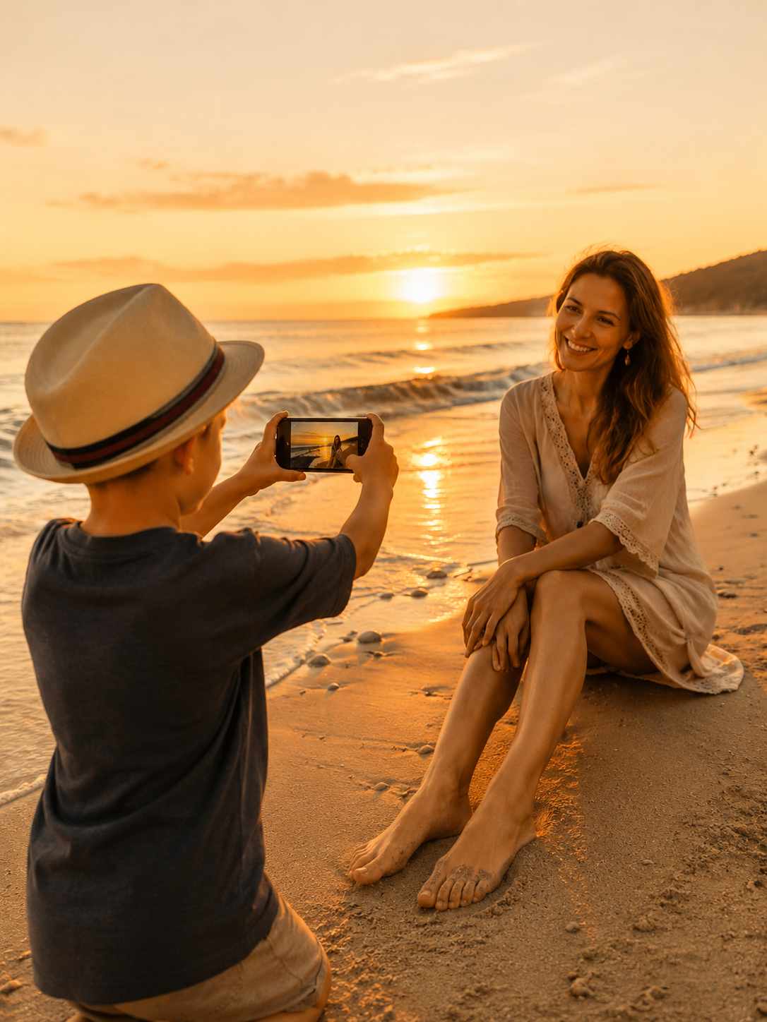 Foto di famiglia con mamma e bambini in vacanza al mare sulla spiaggia al tramonto