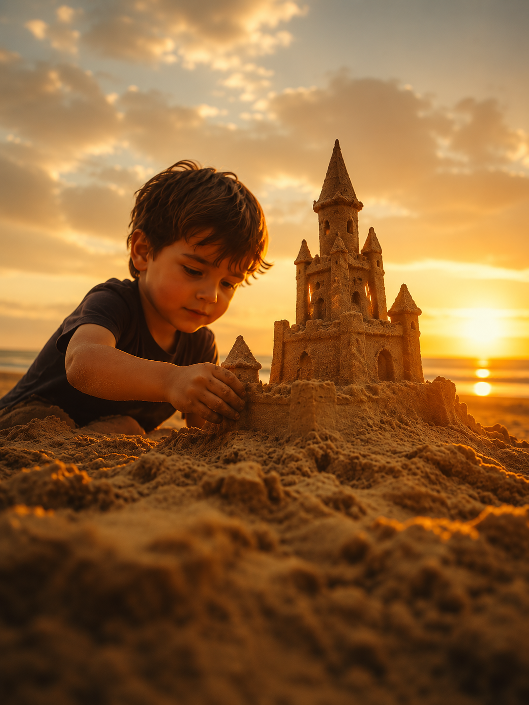 Mamma che fotografa i bambini in vacanza al mare con il telefono durante il tramonto